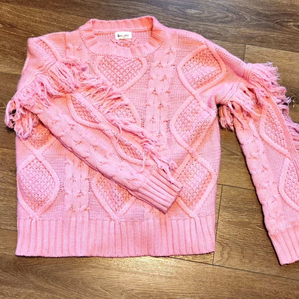 &merci Medium Women's Cable knit sweater with fringe sleeves thick pink